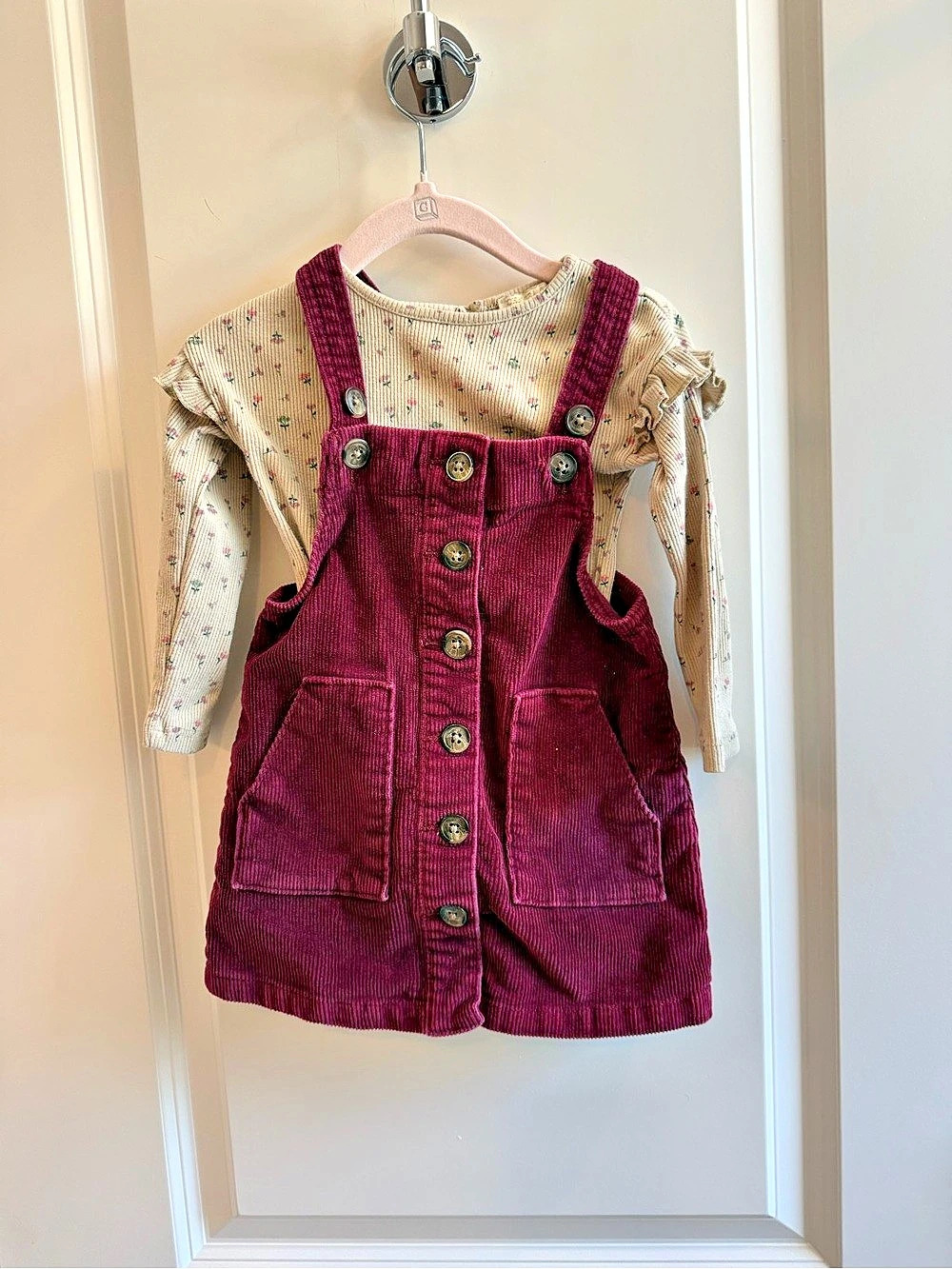 Chelsea & Violet Burgundy Corduroy Overall Dress with Beige Floral Top 18M